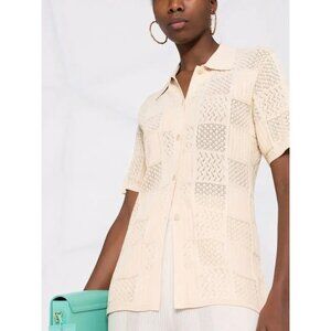 Sandro Paris Crochet Knit Resort Beige Cream Button Front Chic Summer Polo Blous